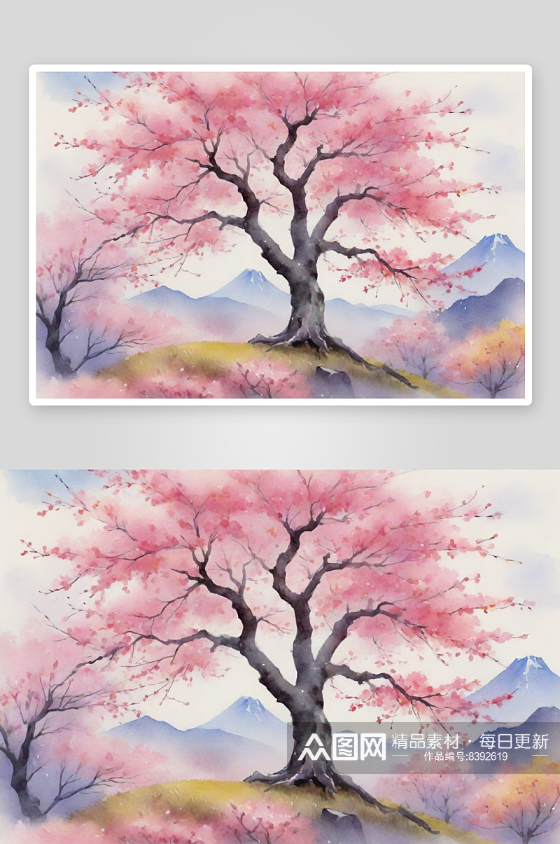 大胆色彩的水彩樱花树季节与卡通老式景观素材
