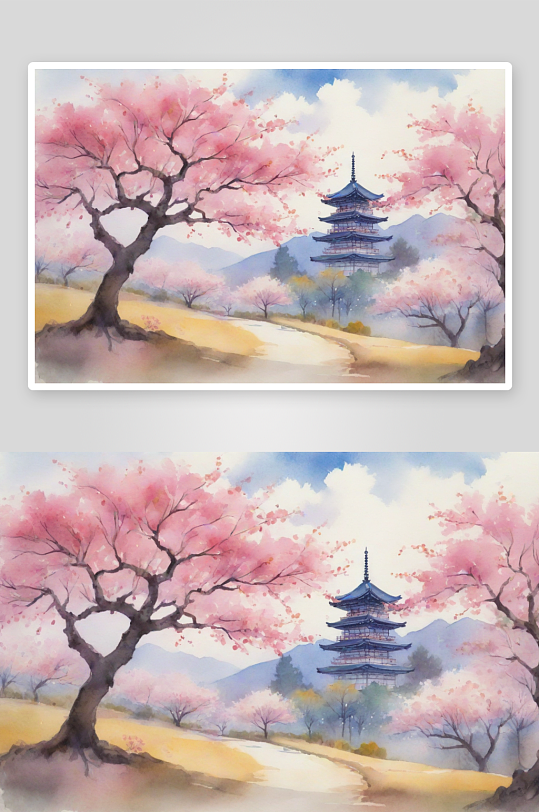 大胆色彩的水彩樱花树季节与卡通老式景观