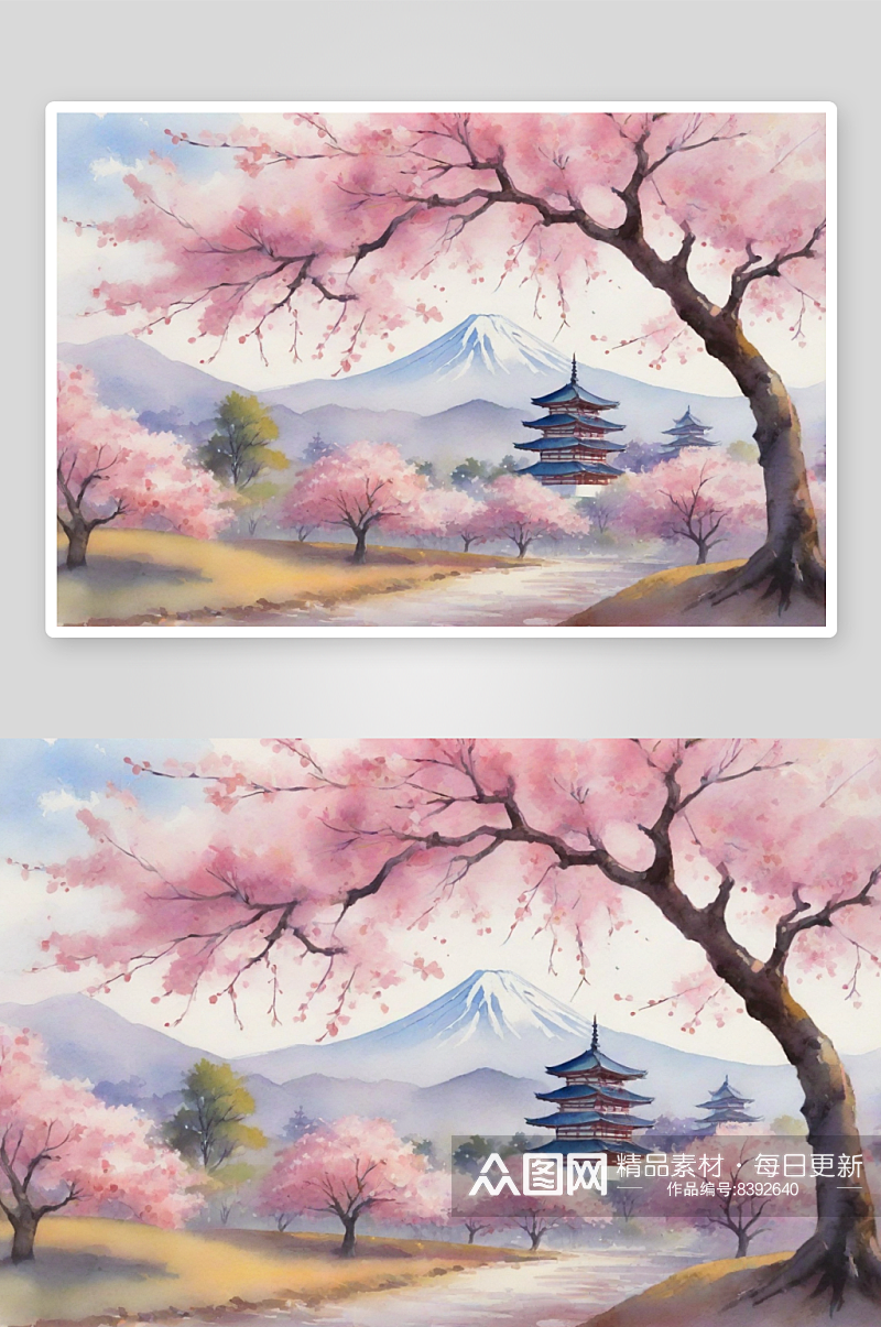 大胆色彩的水彩樱花树季节与卡通老式景观素材