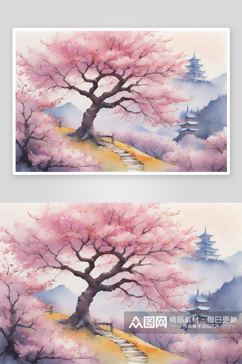 老式景观中的水彩风格樱花树季节素材