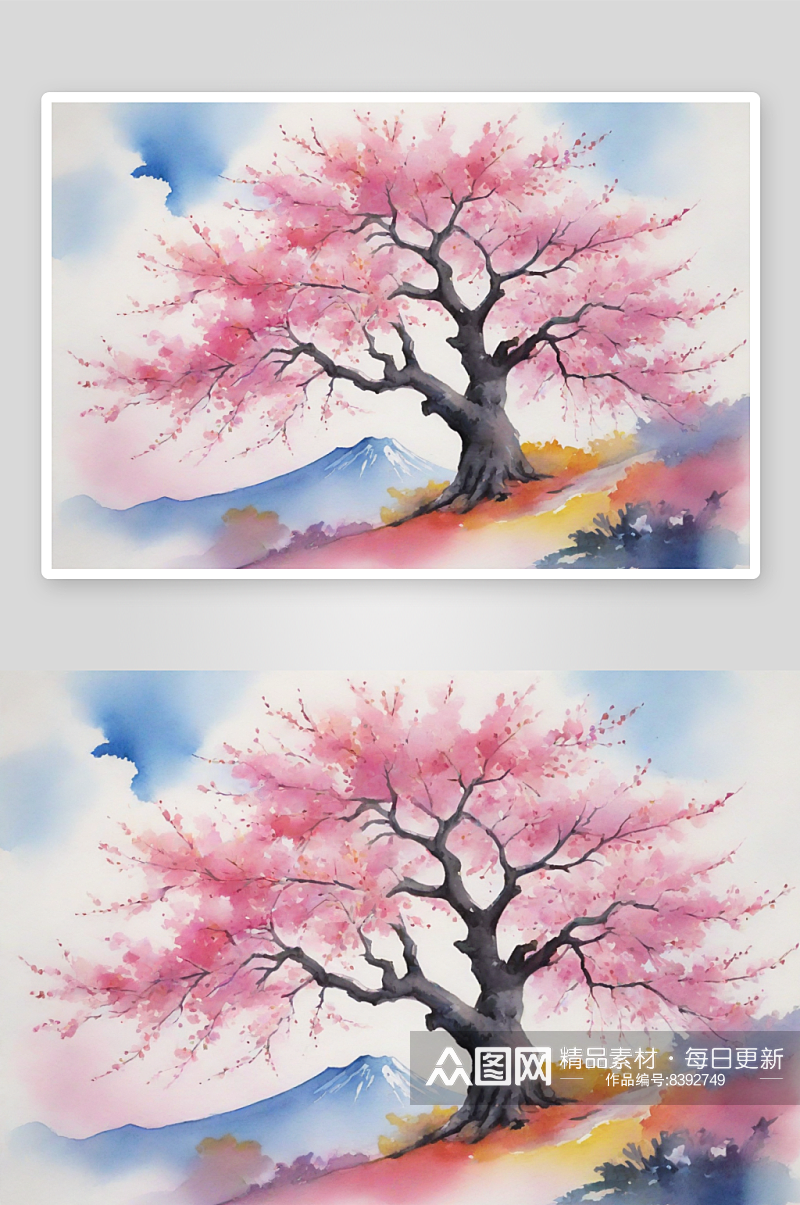 老式景观中的水彩风格樱花树季节素材