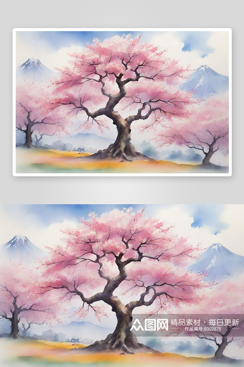卡通大胆樱花树季节与水彩风格老式景观素材