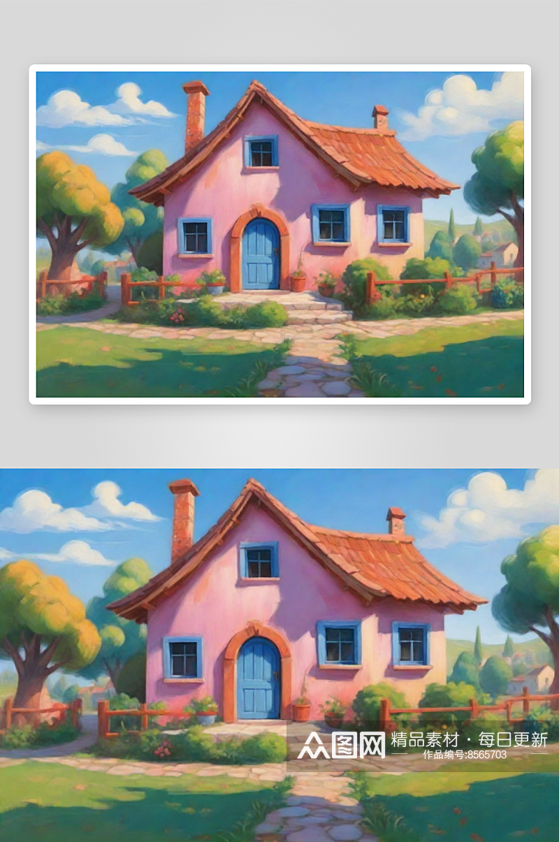 卡通风格村庄房屋正面全景素材