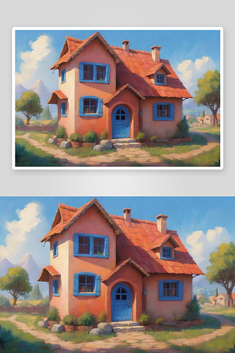 马尔马拉地区卡通风格村庄房屋正面展示