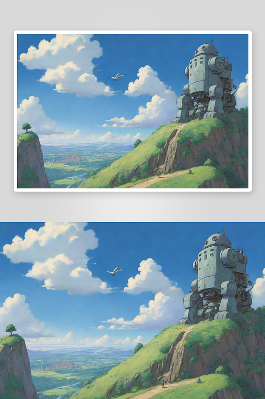 宫崎骏风格天空中古老机器人的壮丽景色