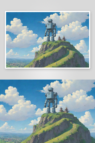 宫崎骏电影蓝天白云与古老机器人的交汇