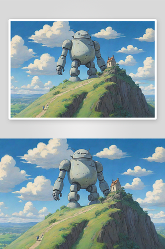 宫崎骏电影蓝天白云与古老机器人的交汇