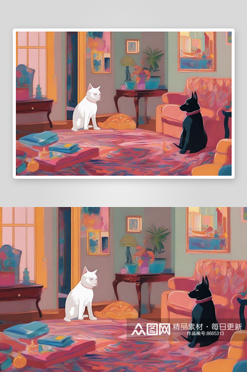 客厅见证猫狗友情的温馨故事素材