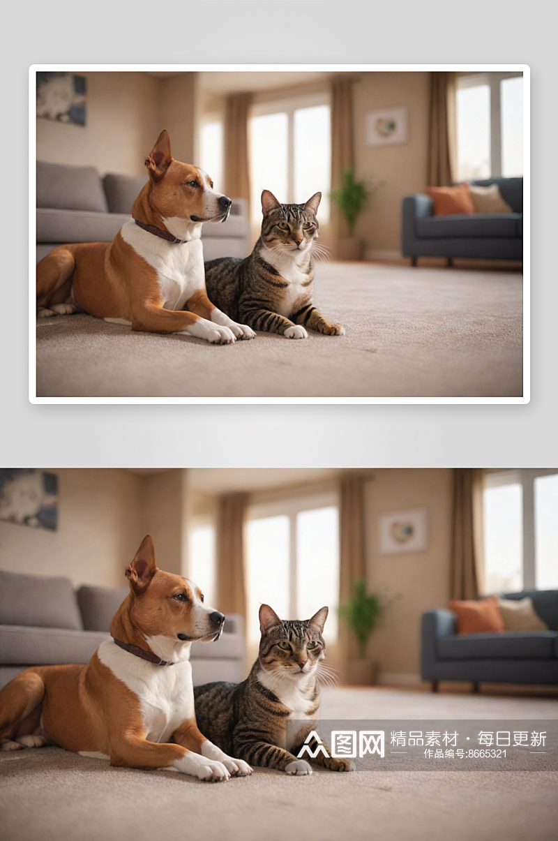 客厅见证猫狗友情的温馨故事素材