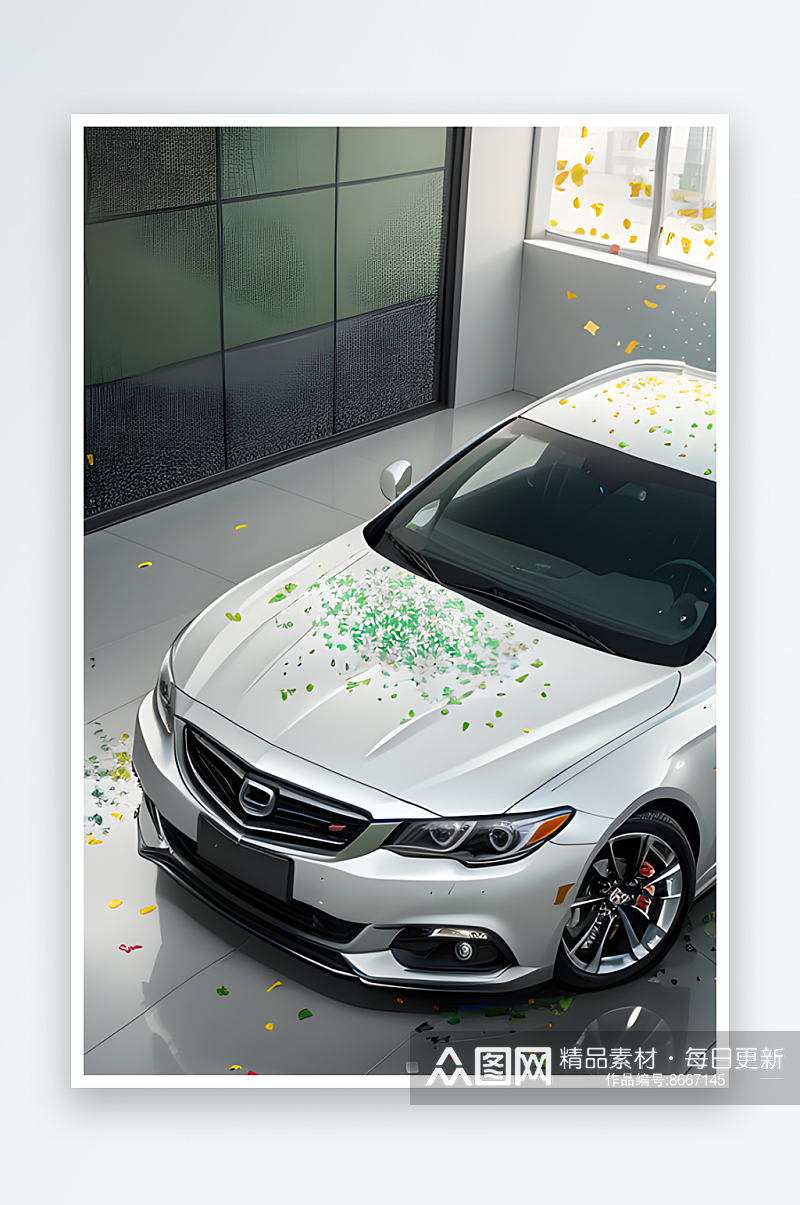 仅有一辆车被彩纸装饰的真实汽车场景素材