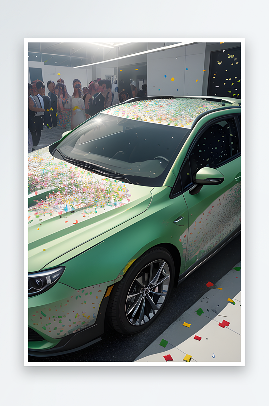 逼真的汽车场景中的绿色气球和彩纸装饰效果