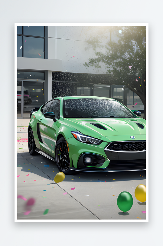 逼真的汽车场景中的绿色气球和彩纸装饰效果