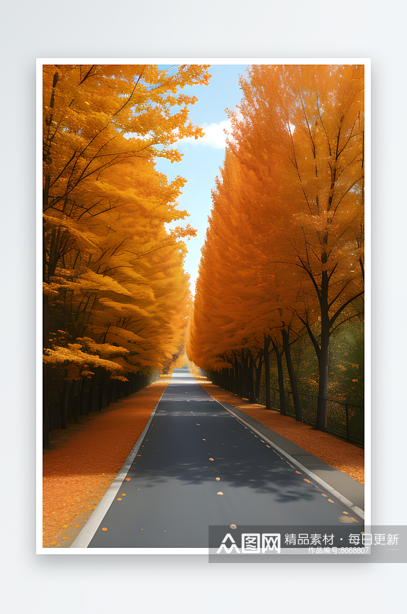 胶片照片中秋天橙色树木与风景道路素材