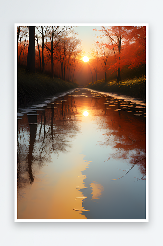 垂直镜像朝阳在水洼中反射AI图片