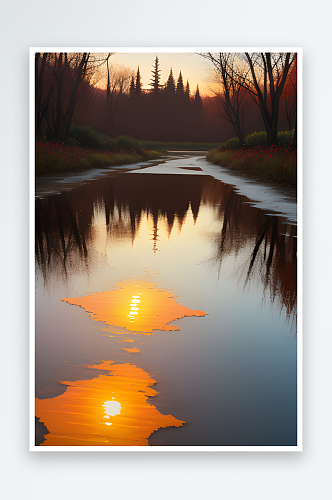 朝阳在水洼中反射AI图片