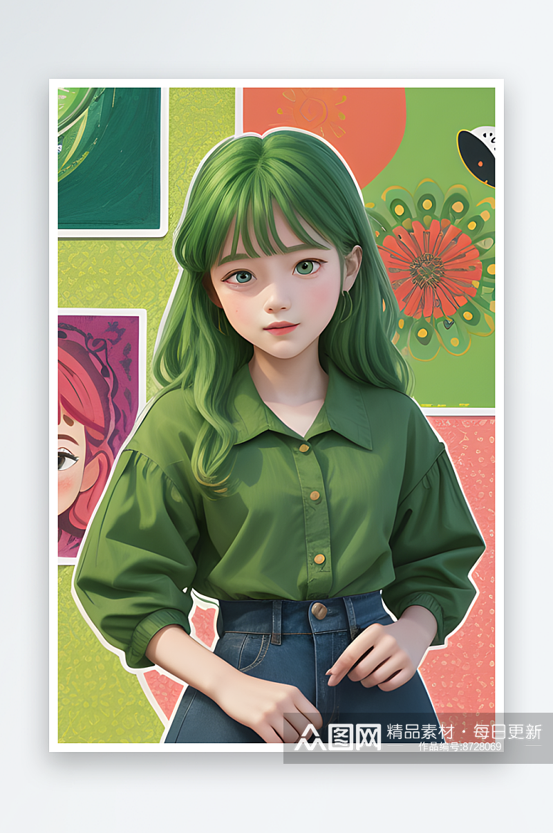 亮绿衬衫美少女的自信风采素材