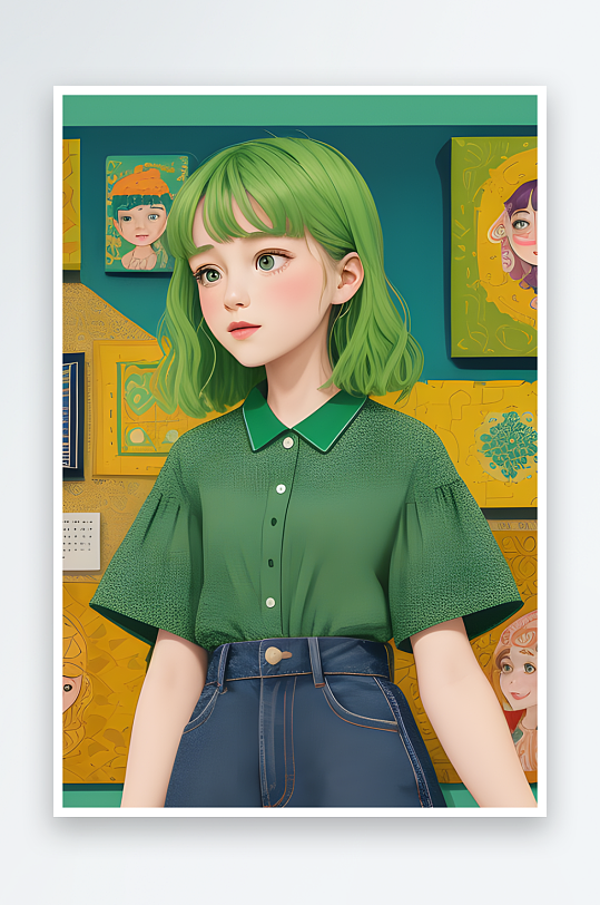 穿着亮绿衬衫的青春潮女