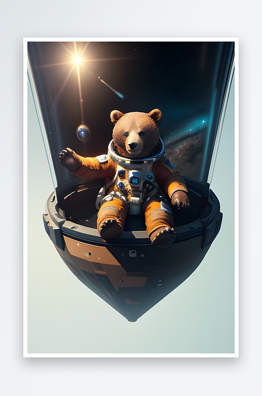 可爱小熊在太空中漂浮中心构图