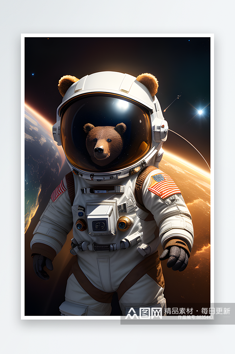 绚丽太空中的小熊漂浮渲染素材