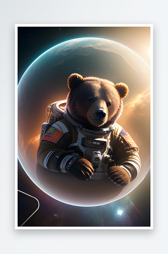 绚丽太空中的小熊漂浮渲染