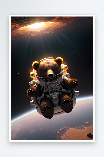 绚丽太空中的小熊漂浮渲染