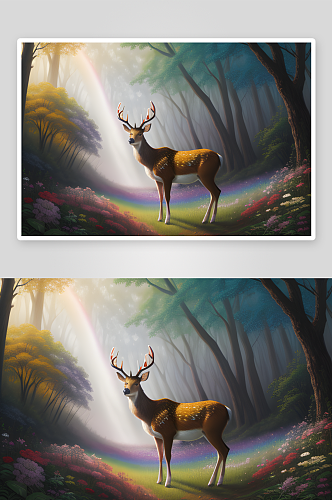 细节惊艳的数字绘画彩虹鹿在花树森林中徜徉