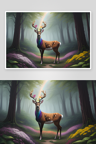 细节惊艳的数字绘画彩虹鹿在花树森林中徜徉