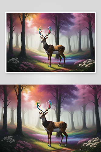迷幻艺术风格彩虹鹿的空气喷枪绘制绘画