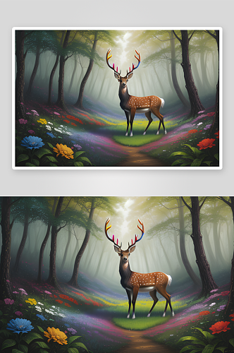 迷幻艺术风格彩虹鹿的空气喷枪绘制绘画