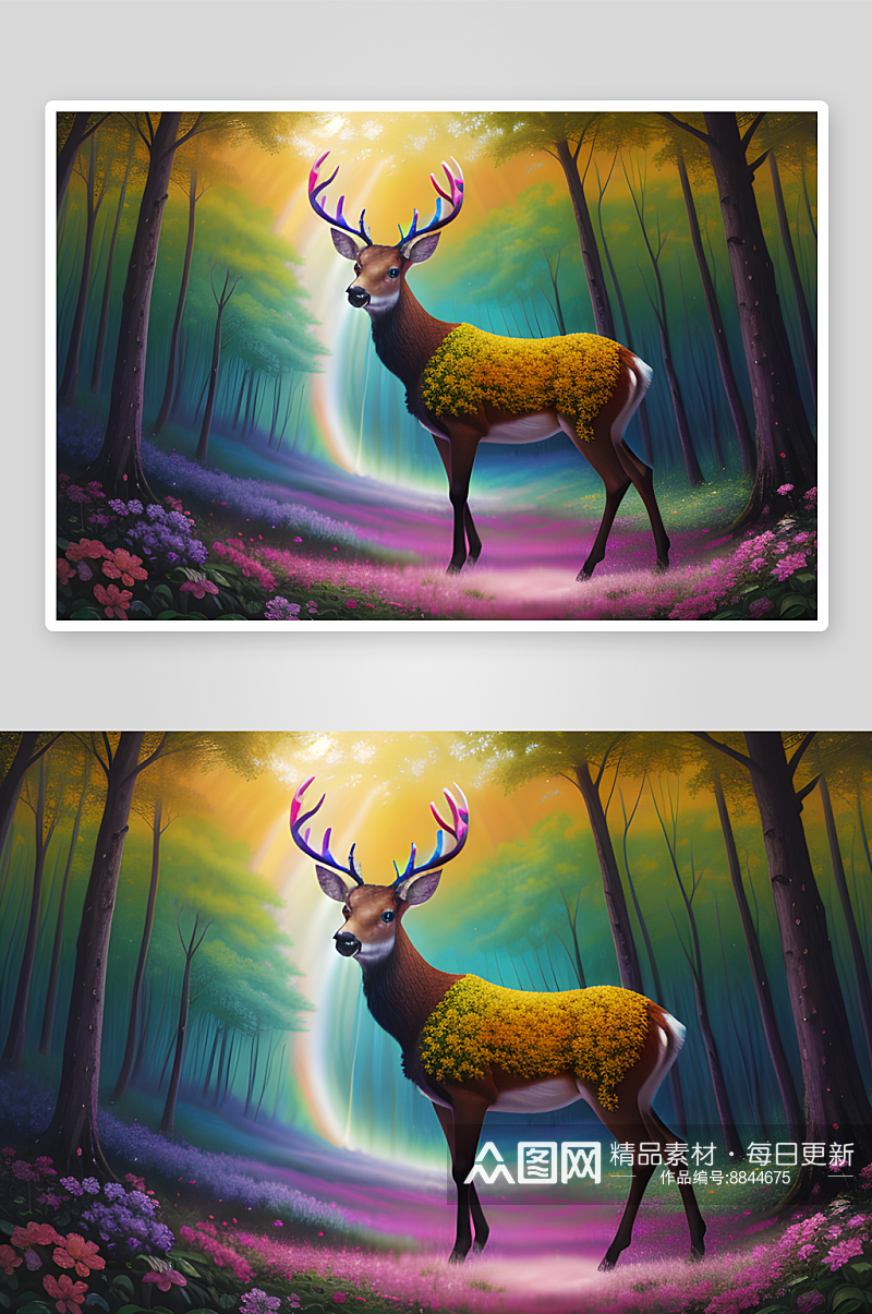 彩虹鬃毛的彩虹鹿数字绘画中的迷幻奇境素材