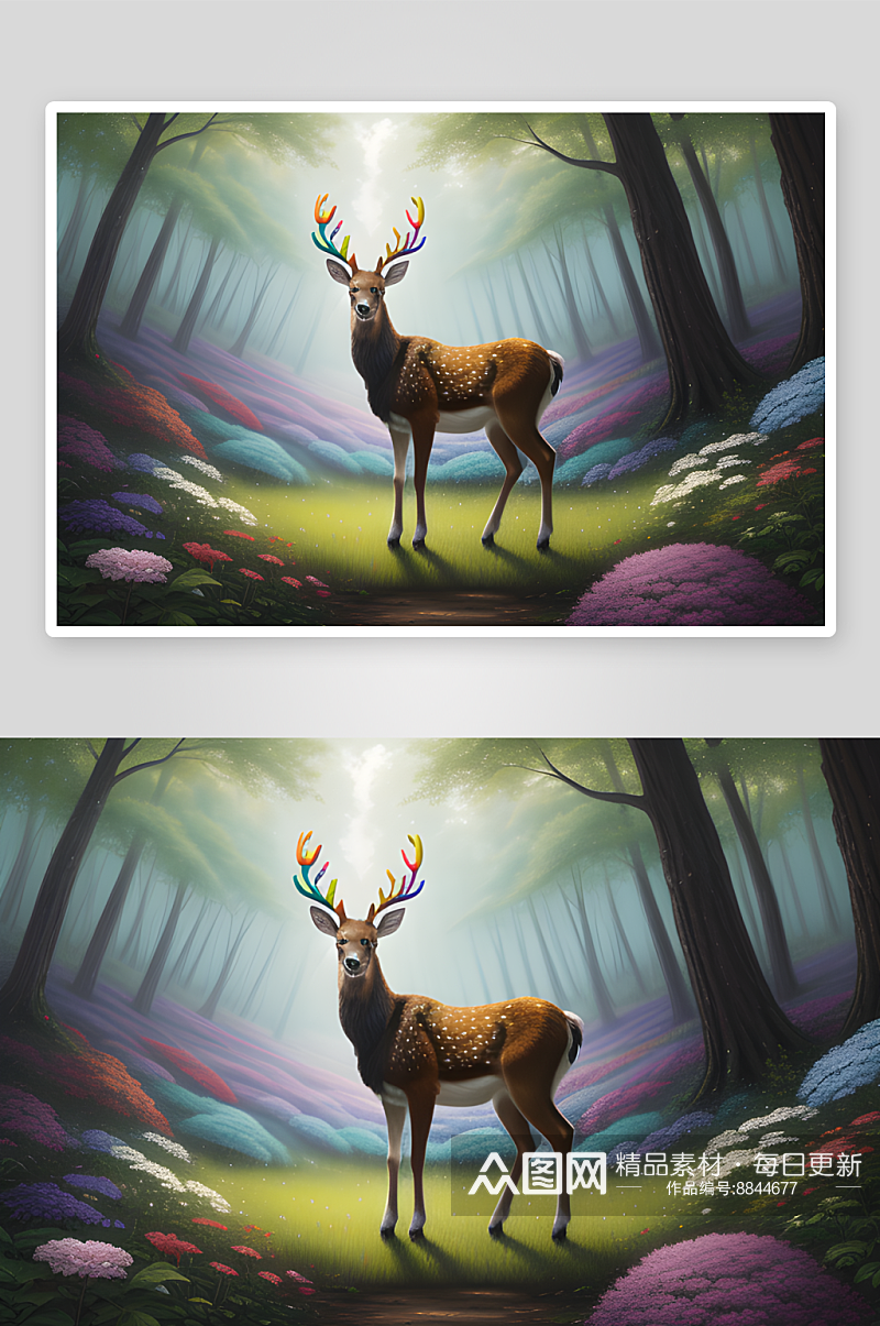 彩虹鬃毛的彩虹鹿数字绘画中的迷幻奇境素材