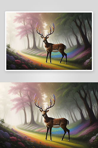彩虹鬃毛的彩虹鹿数字绘画中的迷幻奇境