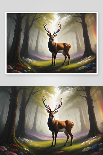 彩虹鬃毛的彩虹鹿数字绘画中的迷幻奇境