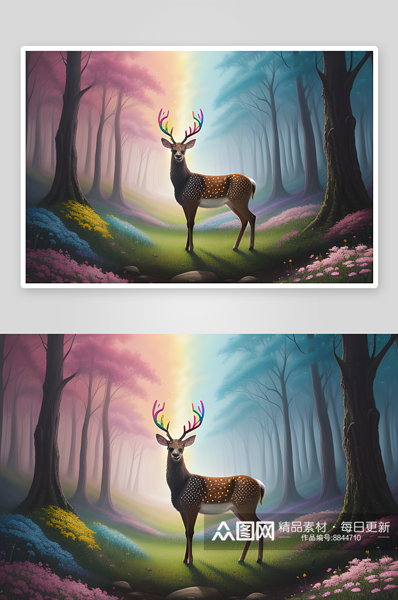 细腻奇幻的数字绘画彩虹鹿与花树森林的邂逅素材