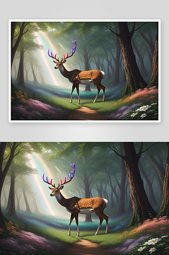 细腻奇幻的数字绘画彩虹鹿与花树森林的邂逅