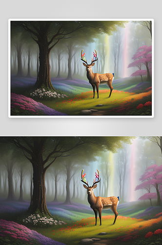 细腻奇幻的数字绘画彩虹鹿与花树森林的邂逅