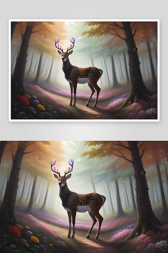 迷幻艺术奇境彩虹鹿在花树森林中的奇遇