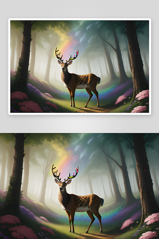 迷幻艺术奇境彩虹鹿在花树森林中的奇遇