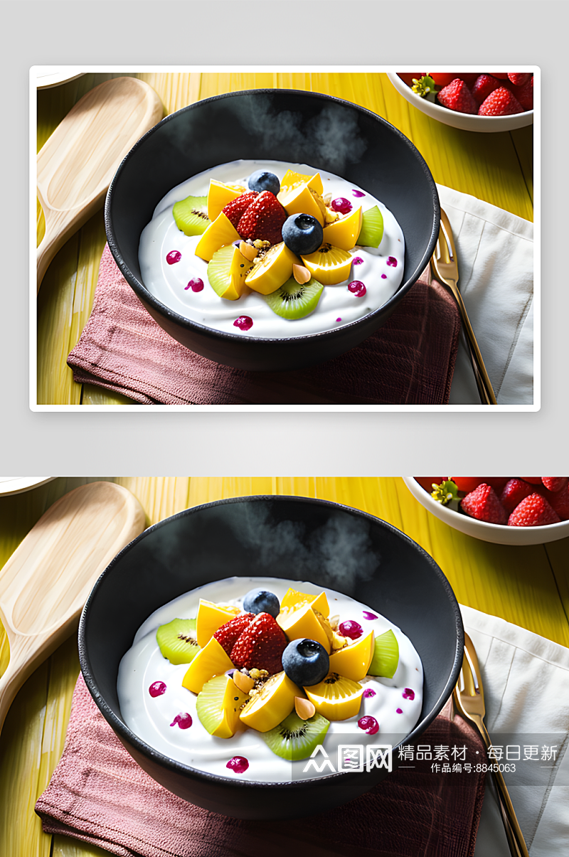 餐桌上的水果和酸奶素材