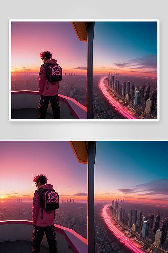 夕阳余晖街头时尚与未来城市的对视