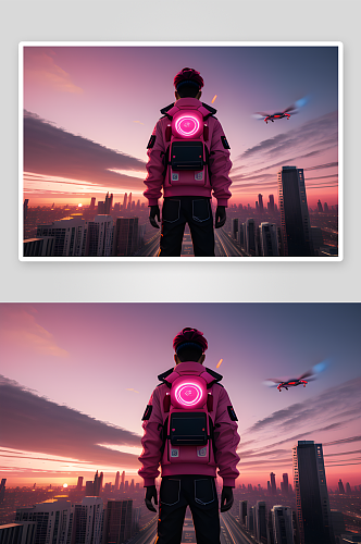红粉夕阳街头风格面向城市的背影