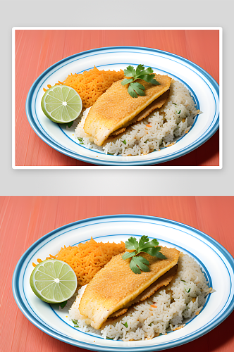 彩色桃背景下的特色套餐蓝色桌上的鲶鱼米饭