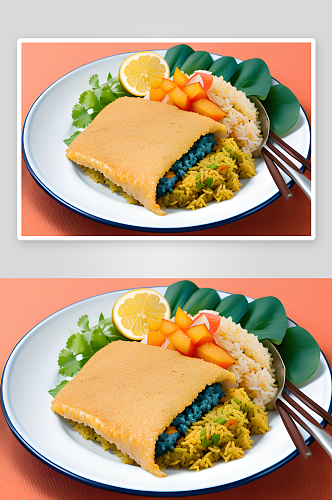 鲶鱼美味套餐蓝色桌彩色桃背景下的特色米饭