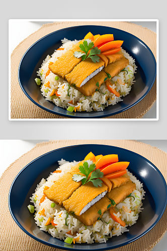 鲶鱼美味套餐蓝色桌彩色桃背景下的特色米饭