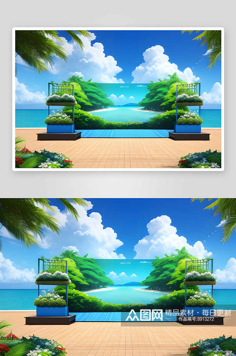 夏日背景下的3D产品展示绿叶点缀的场景素材