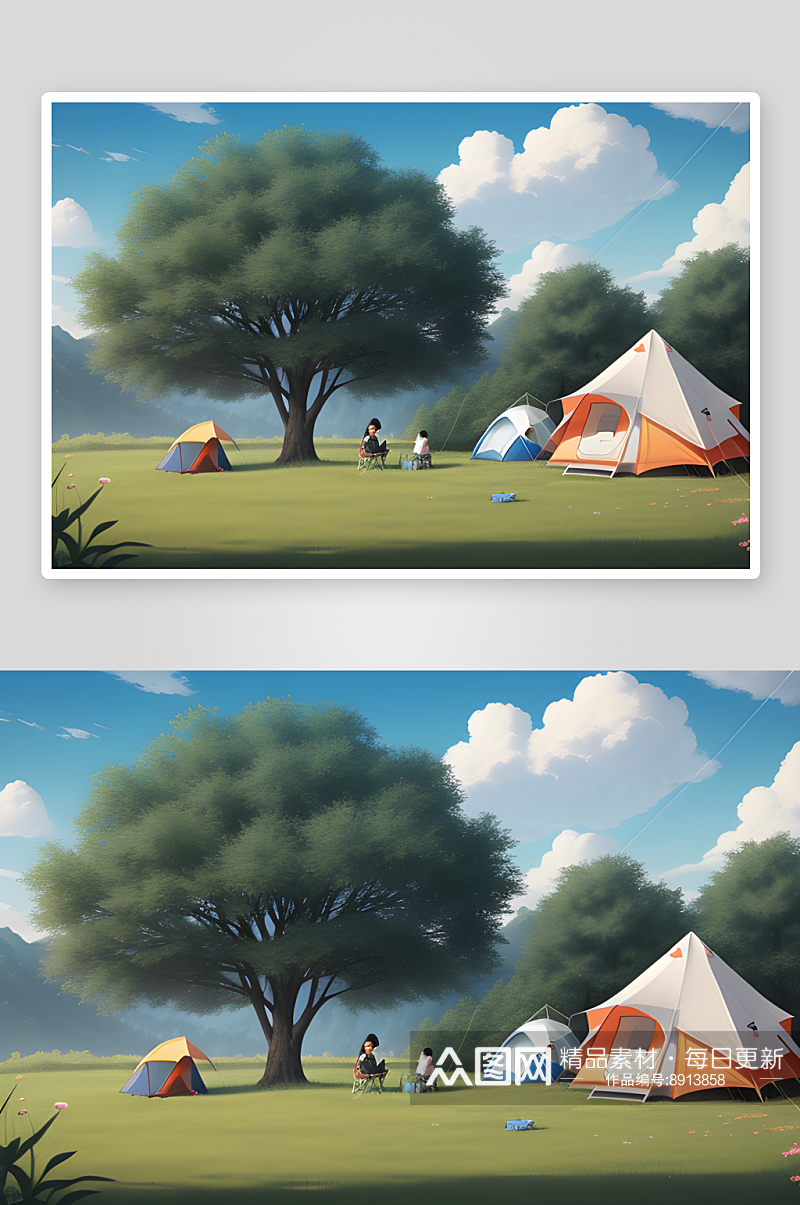 美丽的草原露营风景帐篷户外素材