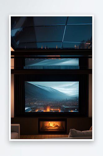 超大屏幕电视与壁炉共度雨夜