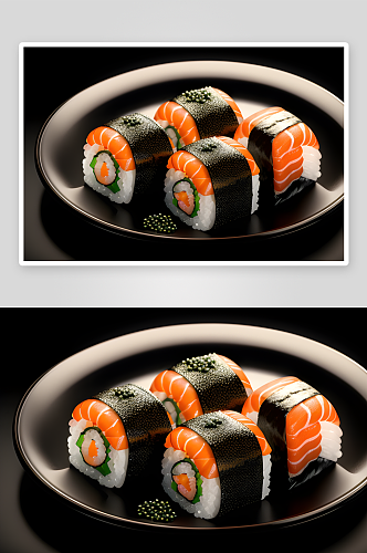 虾子鱼子酱寿司超写实的黑色背景