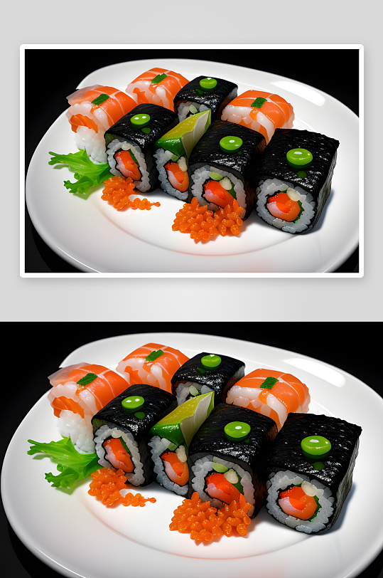 现实主义黑色背景下的虾和鱼子酱寿司