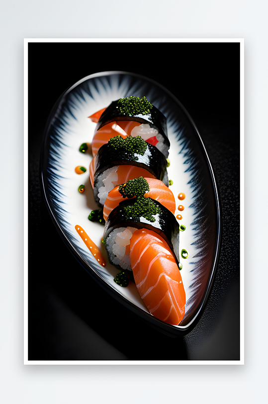 现实主义黑色背景下的虾和鱼子酱寿司